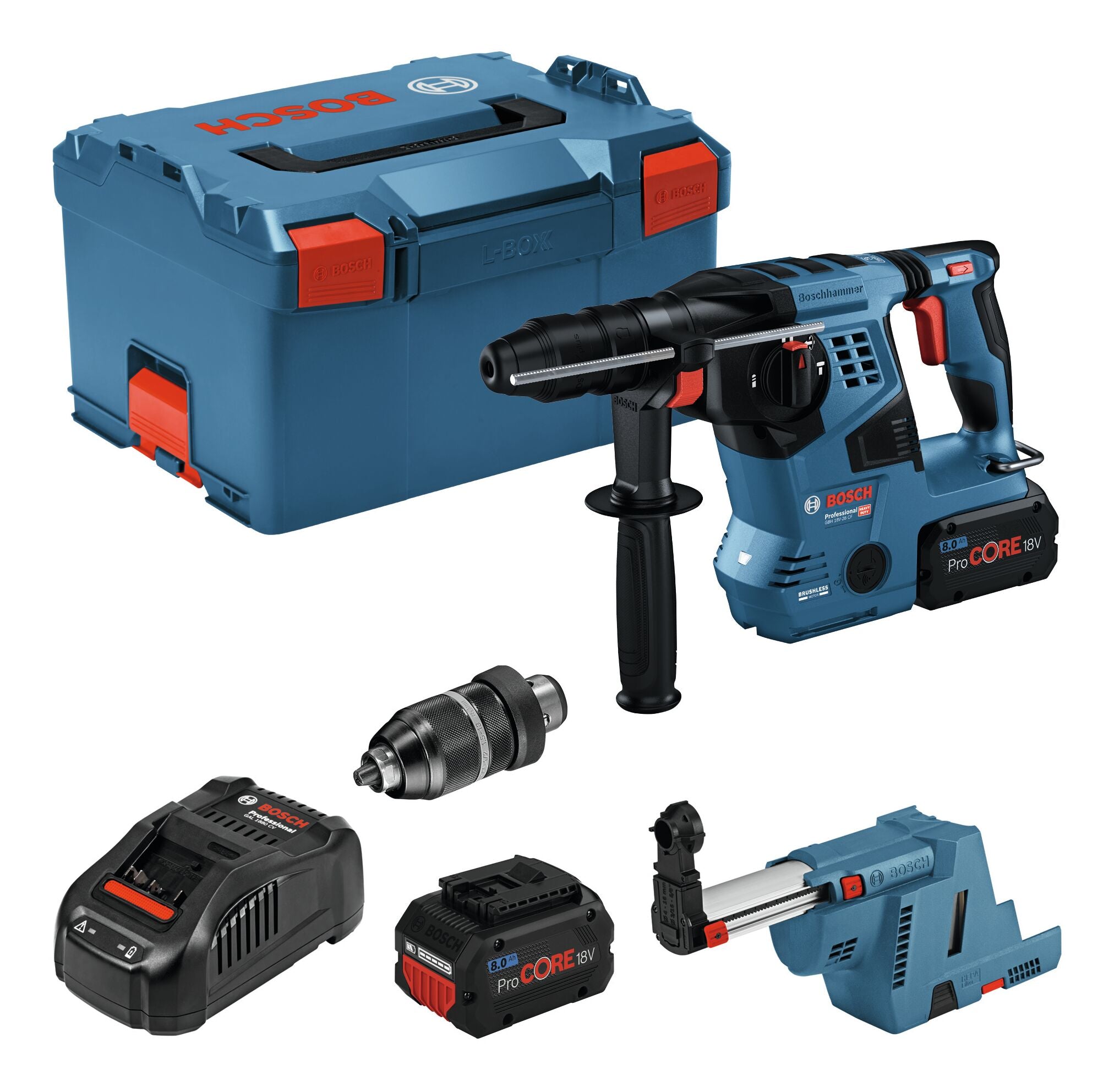 Bosch Professional Akku-Bohrhammer mit SDS plus GBH 18V-28 CF mit 2x Akku ProCORE 8 Ah & GDE 18V-16 - in L-BOXX 238